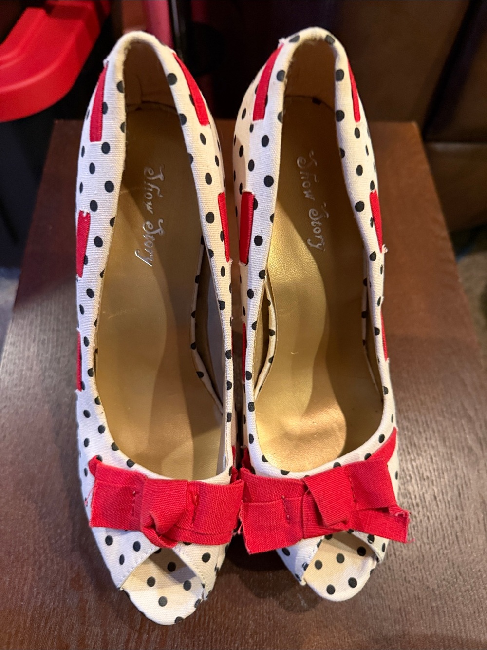 Women's White Polka Dot Peep-Toe Pumps with Red Bow